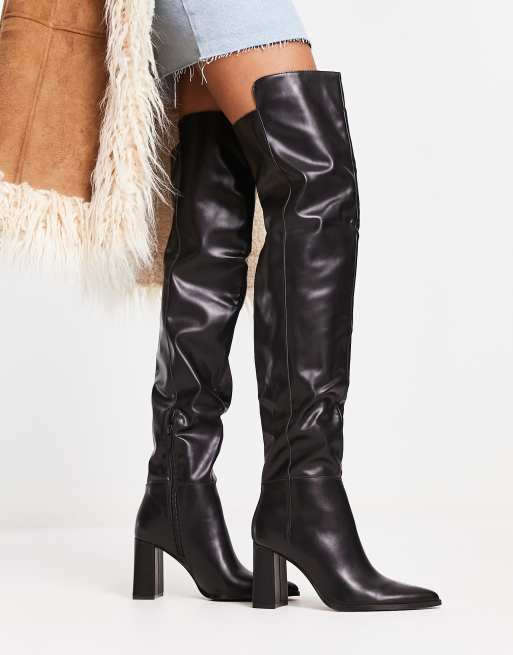 Stradivarius thigh high heeled boot in black