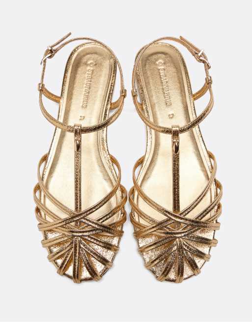 Stradivarius Thin sole cage sandals in gold, 4 of 7