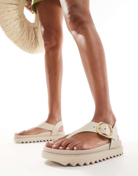 Stradivarius tie buckle detail thong sandals in white - view 1
