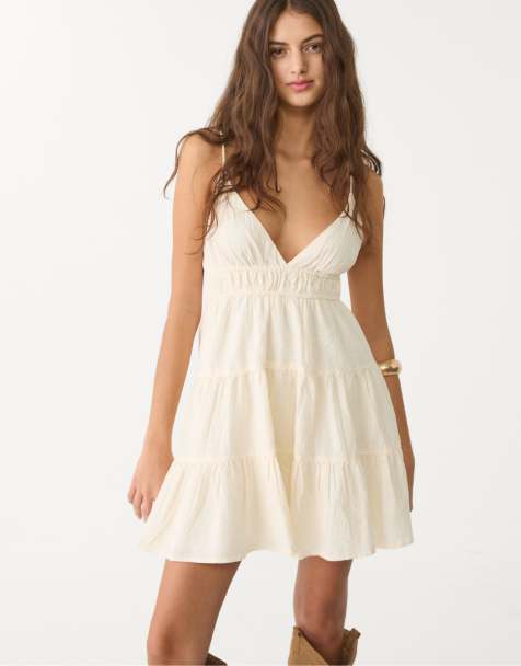 Stradivarius tie detail mini dress in ecru