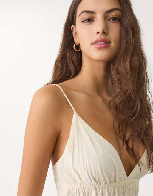 Stradivarius tie detail mini dress in ecru, 3 of 4
