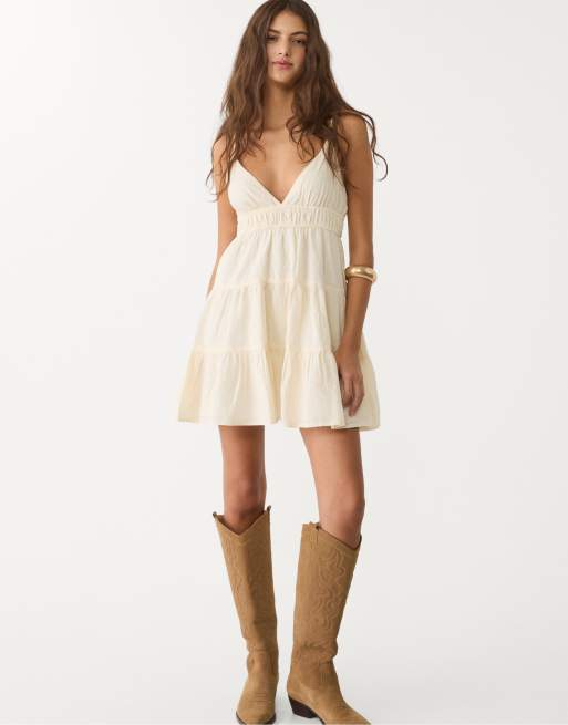 Stradivarius tie detail mini dress in ecru, 4 of 4