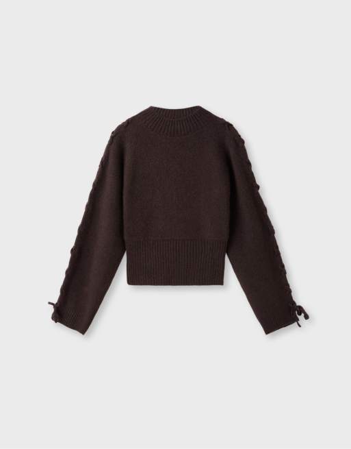 Stradivarius Tie-detail sleeve knit jumper in brown, 6 of 7