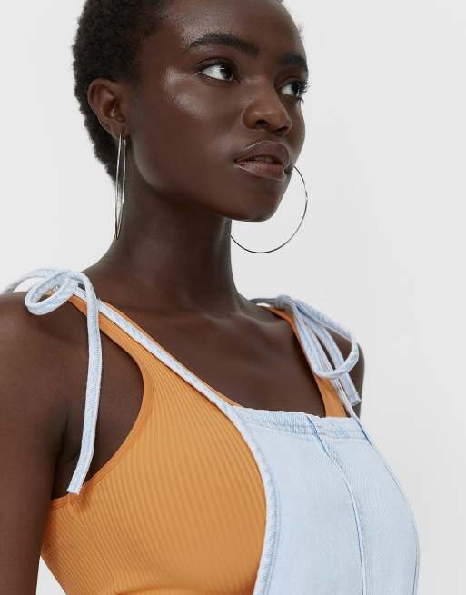 Stradivarius tie detail slouchy jumpsuit in washed blue, 3 of 4