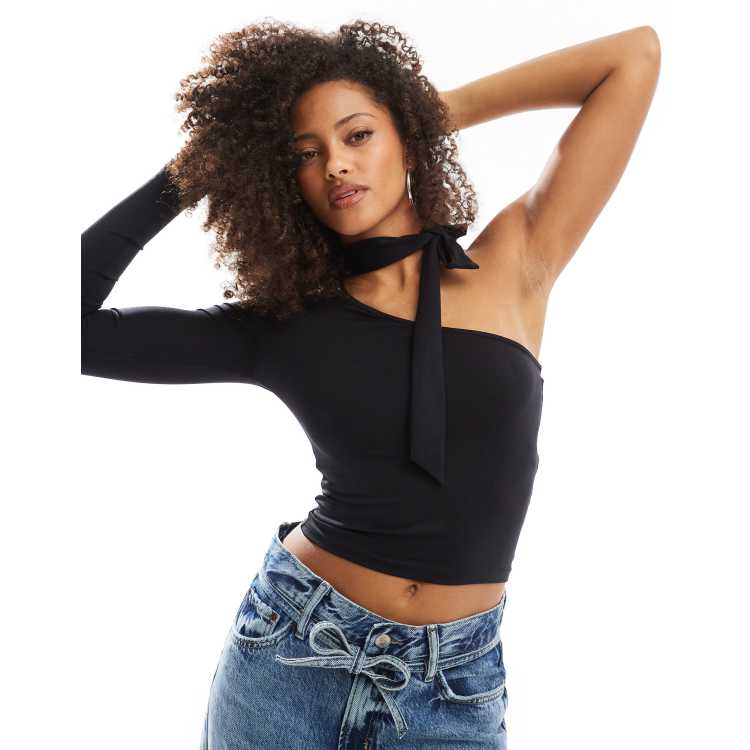 Stradivarius tie neck one shoulder long sleeve top in black ASOS