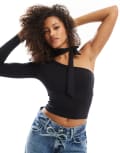 Stradivarius tie neck one shoulder long sleeve top in black