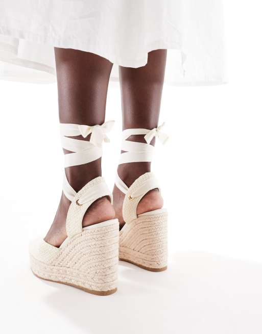 Stradivarius tie up espadrille wedge in ecru