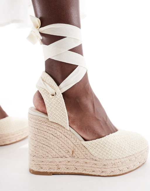 Stradivarius tie up espadrille wedge in ecru