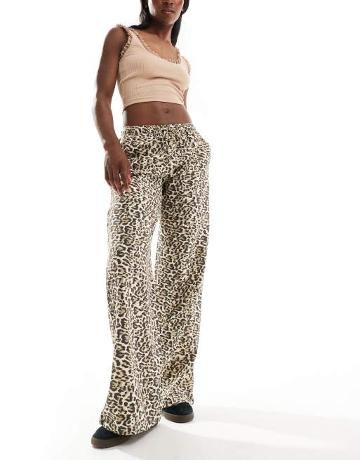 Stradivarius tie waist linen look trouser in leopard print | ASOS