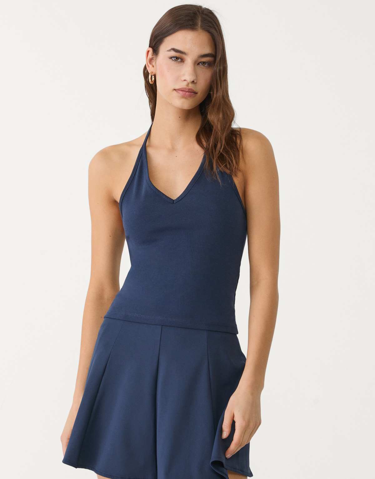 Stradivarius tied halter top in navy blue