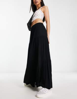 Stradivarius tiered boho maxi skirt in black