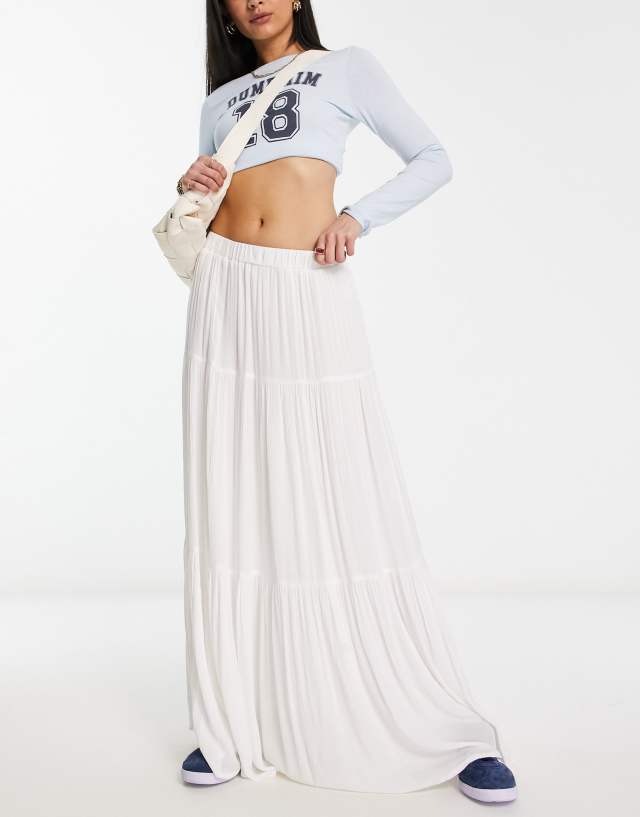 Stradivarius tiered boho maxi skirt in white