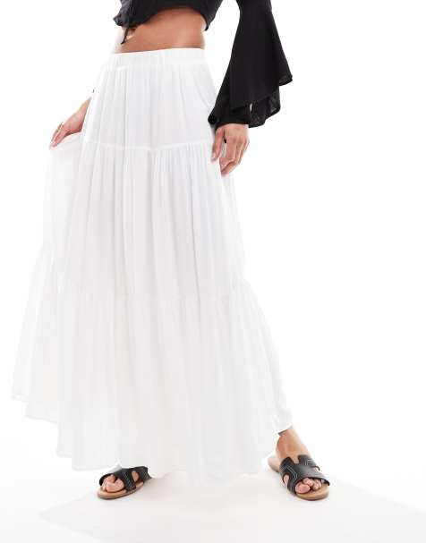Stradivarius tiered boho maxi skirt in white - view 1