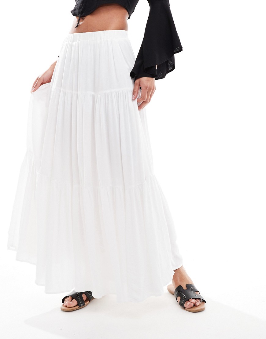 Stradivarius tiered boho maxi skirt in white