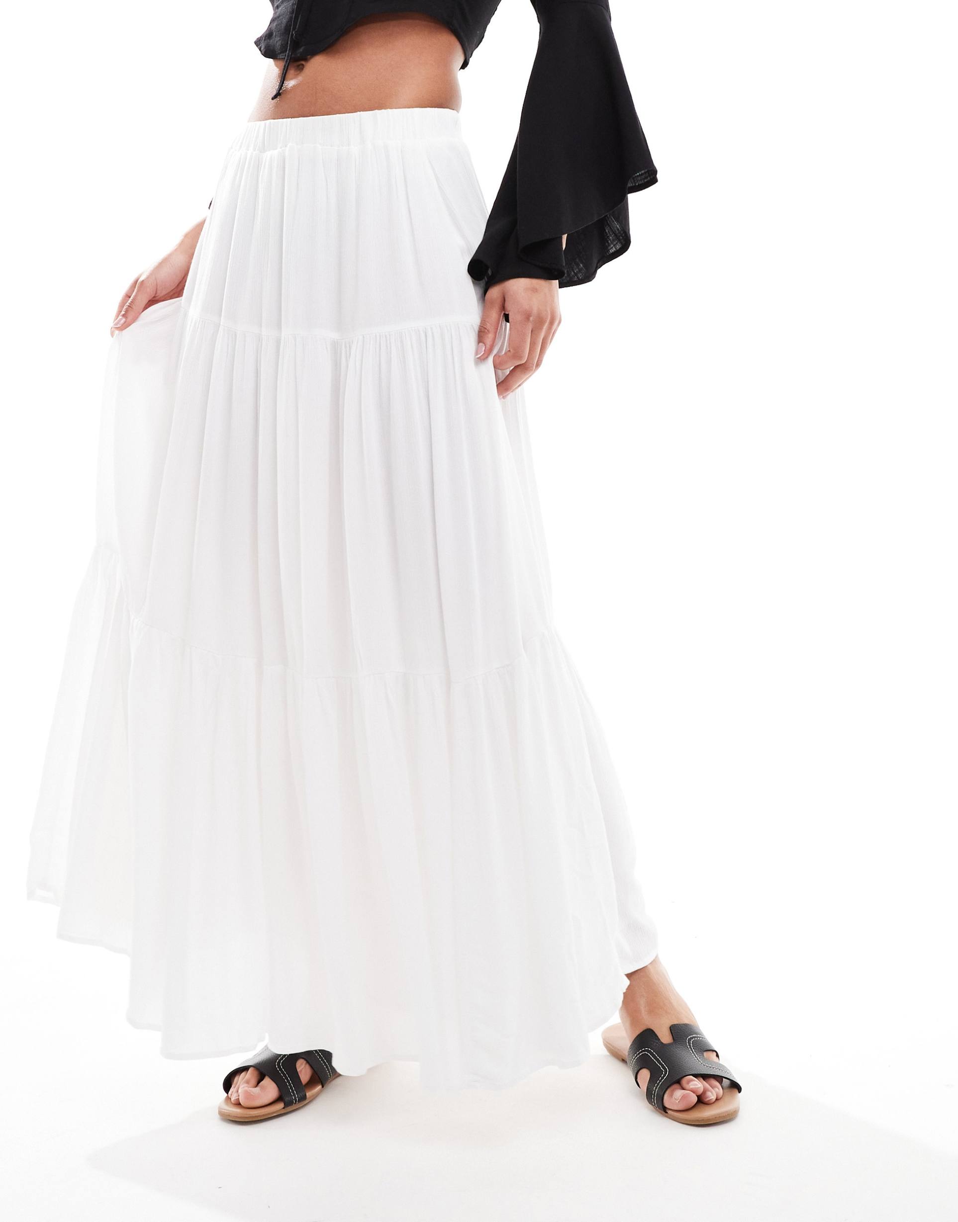 stradivarius tiered boho maxi skirt in white