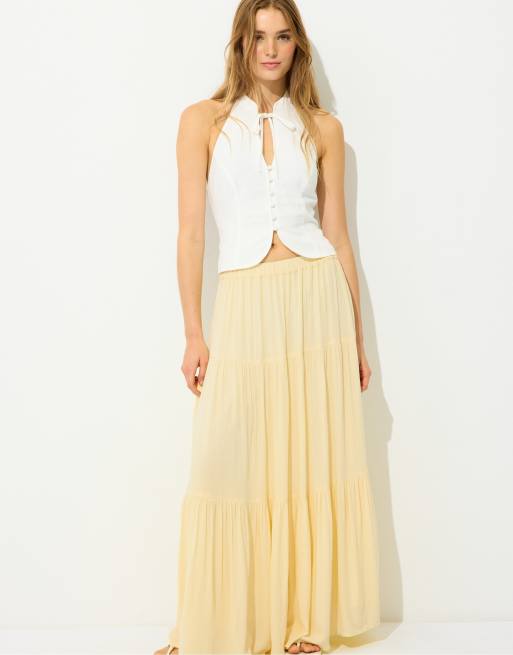Stradivarius Tiered midi skirt in pastel yellow, 3 of 4