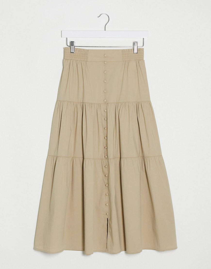 Stradivarius tiered midi skirt with buttons in beige