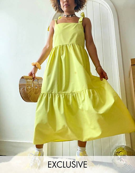 Dresses Stradivarius tiered poplin midi dress with bunny ties in yellow 