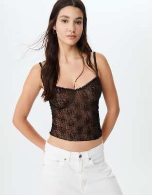 Haut Dentelle Noire Brodé Stradivarius - Taille S/36 - Manches Longues - Occasion Très Bon état