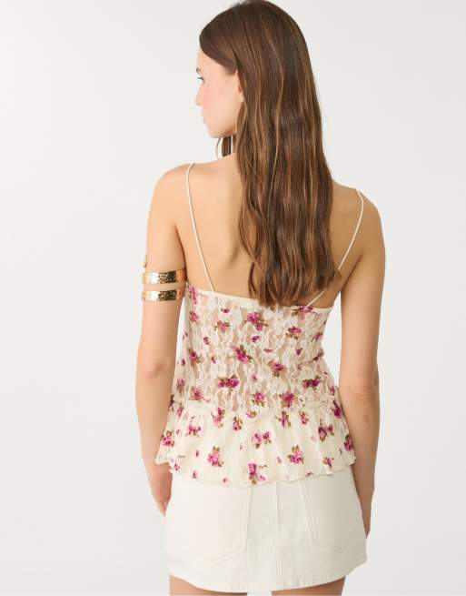 Stradivarius - Top à bretelles en dentelle style Chantilly - Vanille, 2 de 4