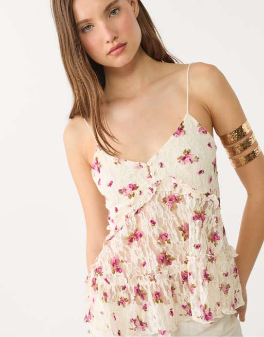 Stradivarius - Top à bretelles en dentelle style Chantilly - Vanille, 3 de 4