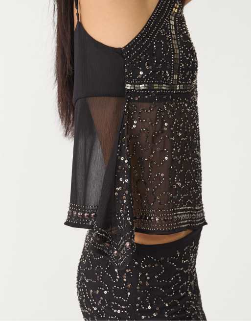 Stradivarius embroidered strappy top in black