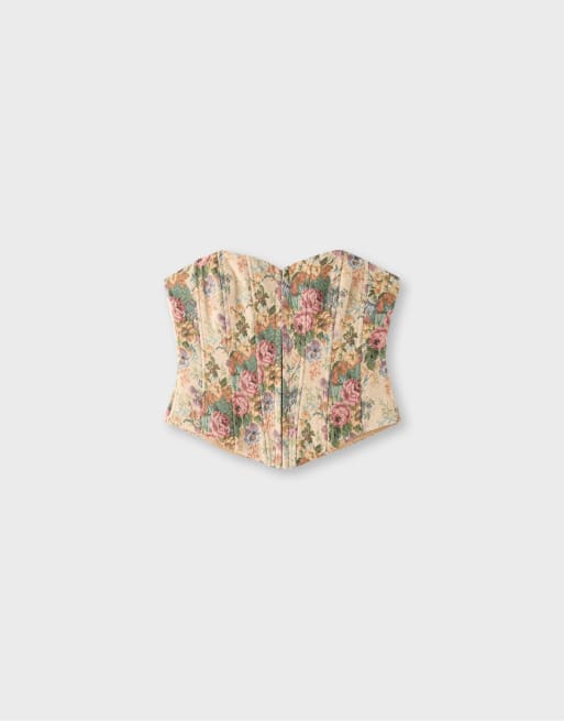 Stradivarius - Top a bustino in jacquard color pietra, 6 di 7