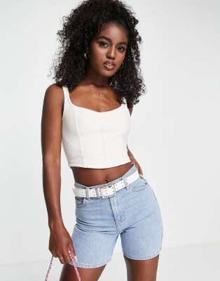 Top a corsetto écru a coste strutturate-Bianco - Stradivarius  donna Bianco