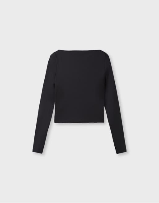 Stradivarius top à décolleté en cœur, manches longues, avec bonnets intégrés, noir, 6 de 6