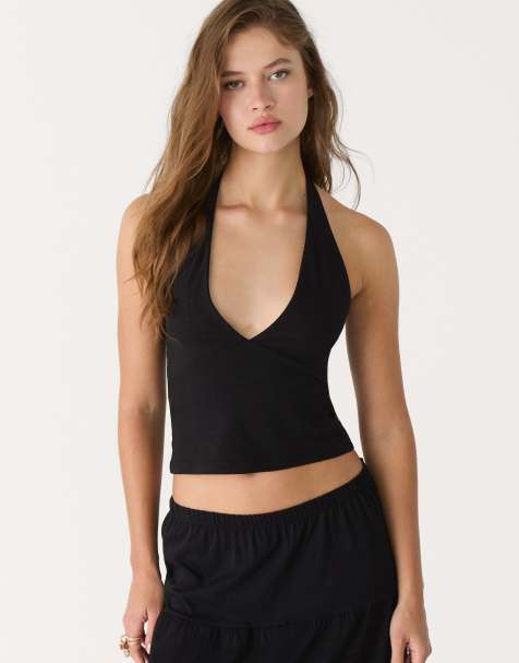 Stradivarius - Top à dos nu et col V - Noir - view 1