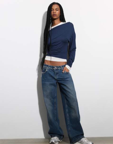 Stradivarius - Top à encolure asymétrique - Bleu marine - view 1