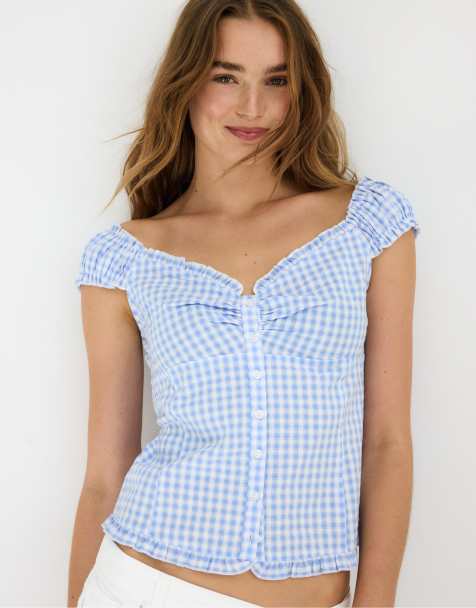 Stradivarius - Top à encolure cœur avec boutons - Bleu ciel - view 1