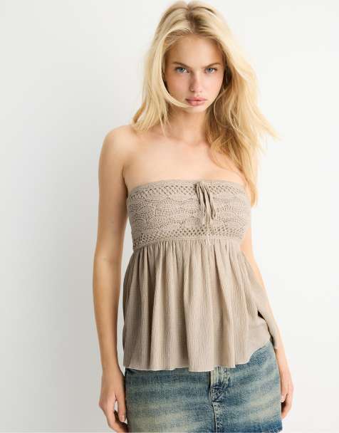 Stradivarius - Top a fascia all'uncinetto color pietra - view 1