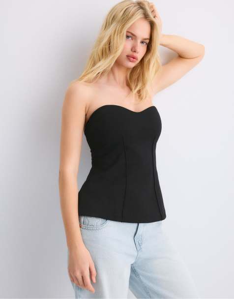 Stradivarius - Top a fascia con scollo a cuore nero - view 1