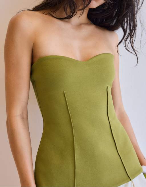 Stradivarius - Top a fascia verde oliva con scollo a cuore, 4 di 4