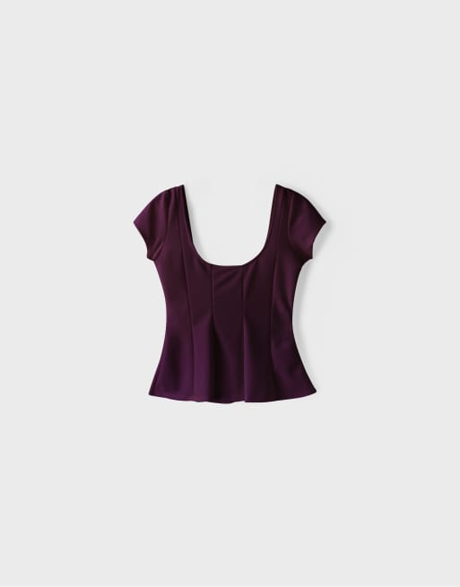 Stradivarius - Top a maniche corte viola con peplo, 7 di 7