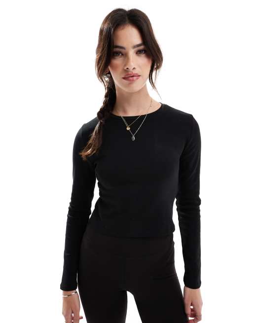 Stradivarius - Top a maniche lunghe in cotone nero