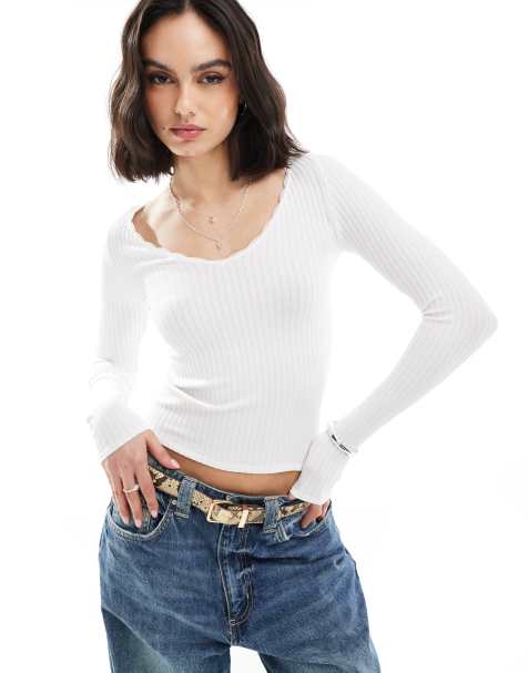 Stradivarius - Top a maniche lunghe in jersey bianco con scollo a V - view 1
