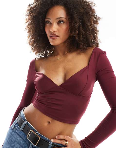 Stradivarius - Top a maniche lunghe modellante con scollo a cuore color bordeaux - view 1