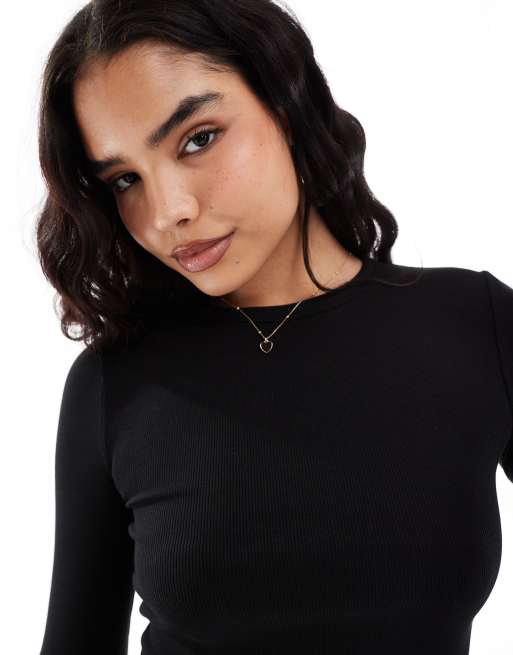 Stradivarius - Top a maniche lunghe nero a coste con scollo rotondo