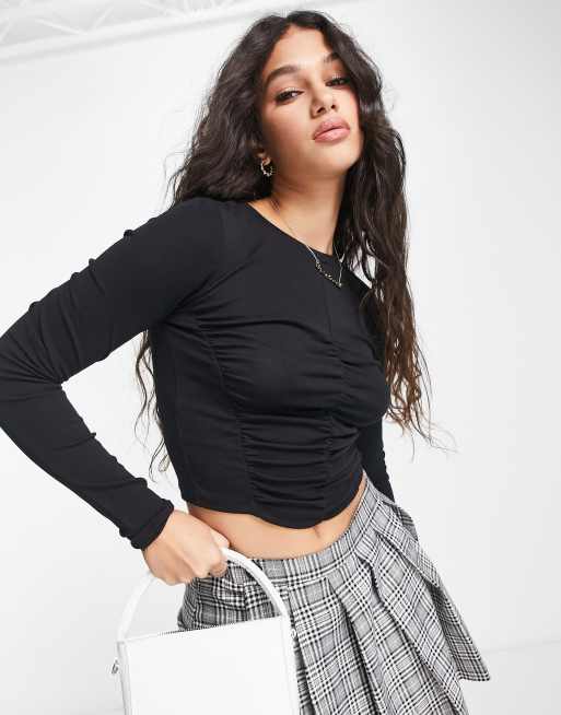 Stradivarius - Top a maniche lunghe nero arricciato