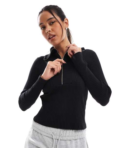 Stradivarius - Top a maniche lunghe nero in maglia con zip corta - view 1