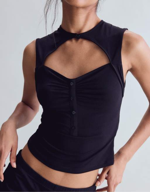 Stradivarius - Top aderente nero arricciato, 2 di 4