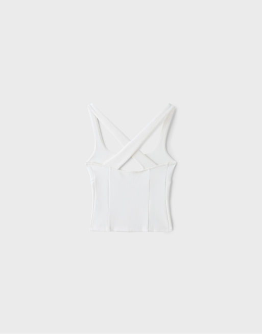 Stradivarius top ajusté à coutures apparentes et larges bretelles en écru, 6 de 6