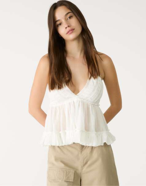 Stradivarius - Top allacciato al collo ampio bianco con ricami - view 1