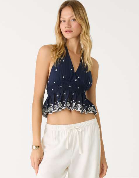 Stradivarius - Top allacciato al collo blu navy con ricami a contrasto - view 1