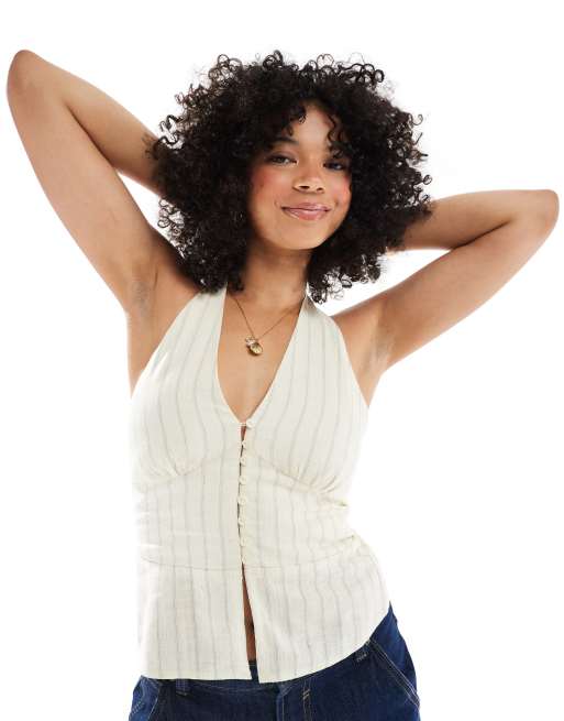 Stradivarius - Top allacciato al collo color crema con motivo gessato e bottoni