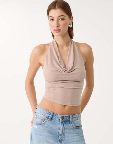 Stradivarius - Top allacciato al collo color rosa cipria glitterato - view 1