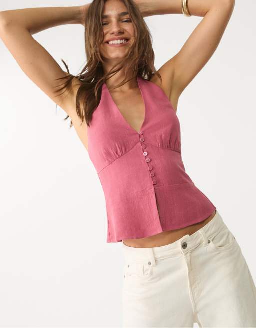 Stradivarius - Top allacciato al collo con bottoni in misto lino rosa chiaro