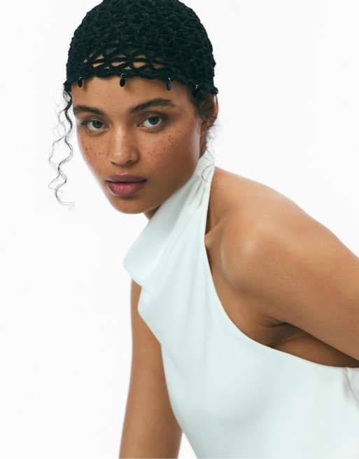 Stradivarius - Top allacciato al collo effetto raso bianco, 4 di 4